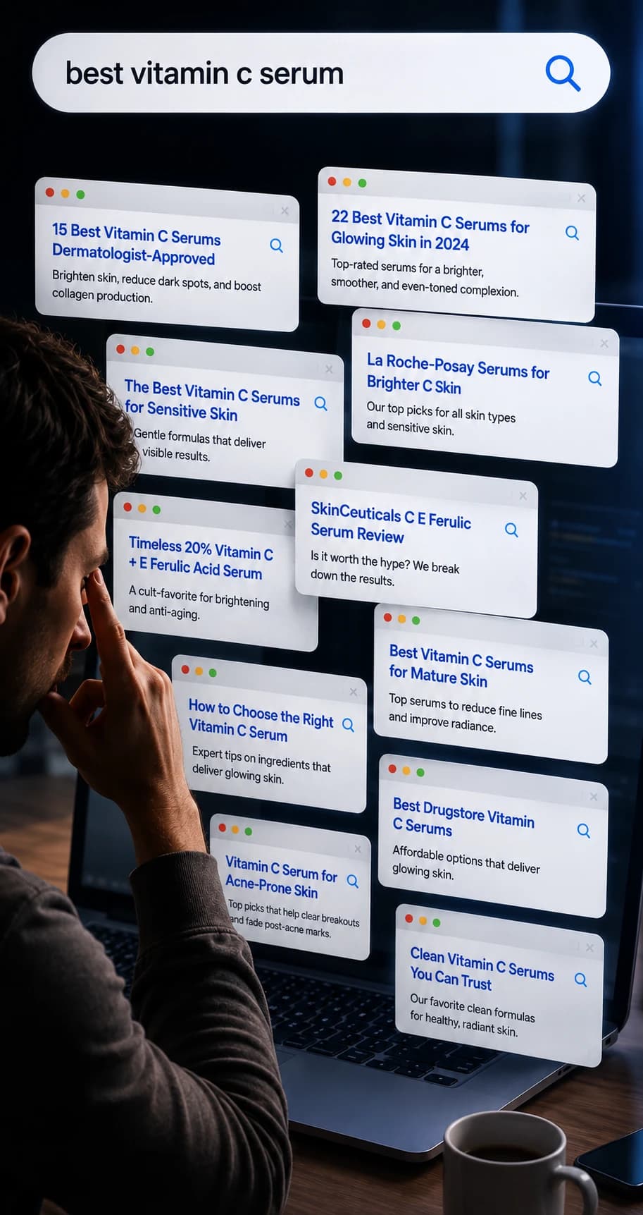 A frustrated user staring at a screen of paginated search results.
