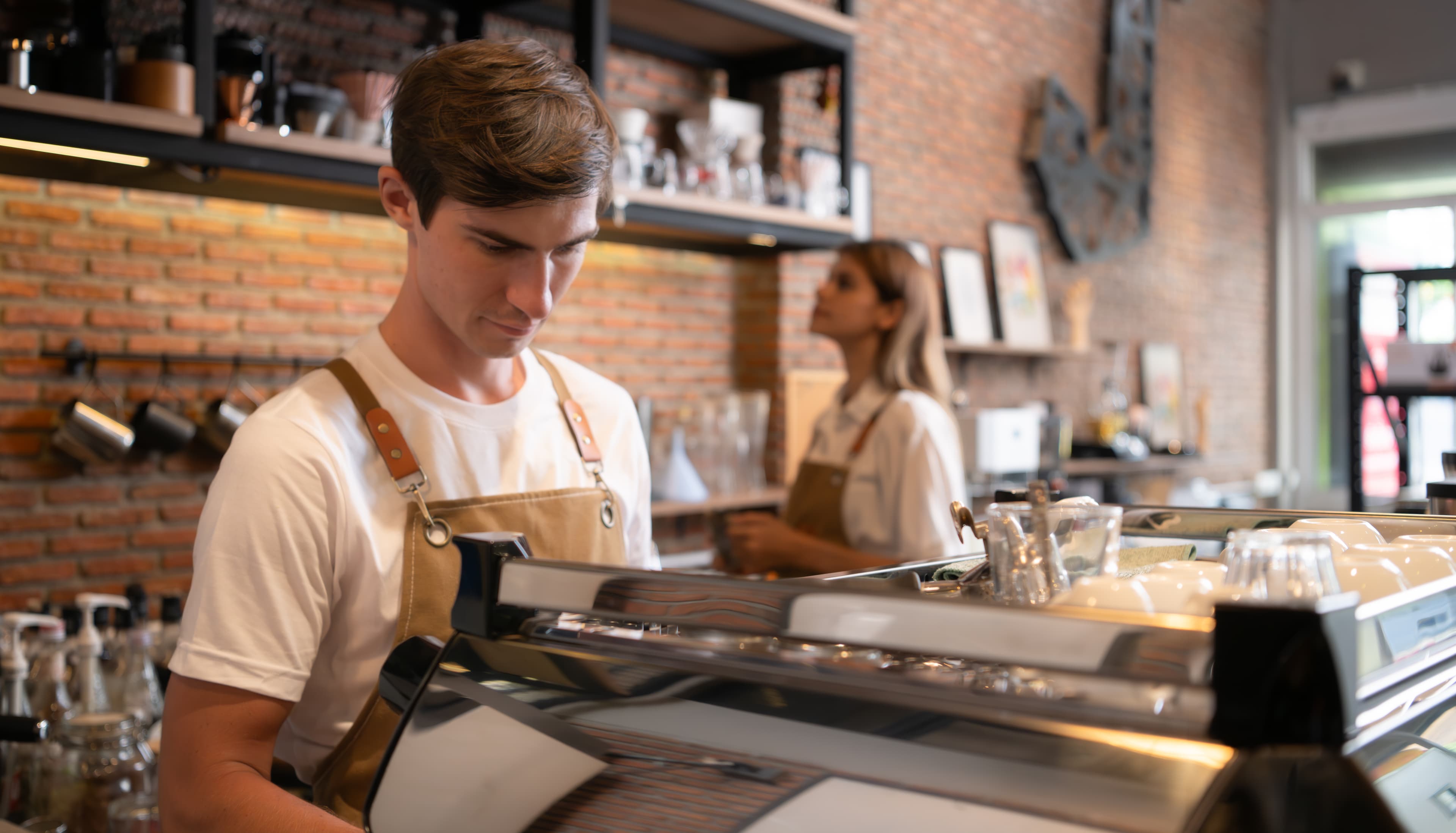Barista working in cafe. Portrait of young male barista standing